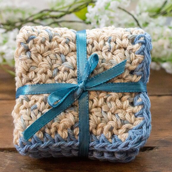 Set of 2 Unique Gift Handmade Crochet Soft Cotton Baby Bath WASH CLOTHS Boy Blue - Picture 2 of 5
